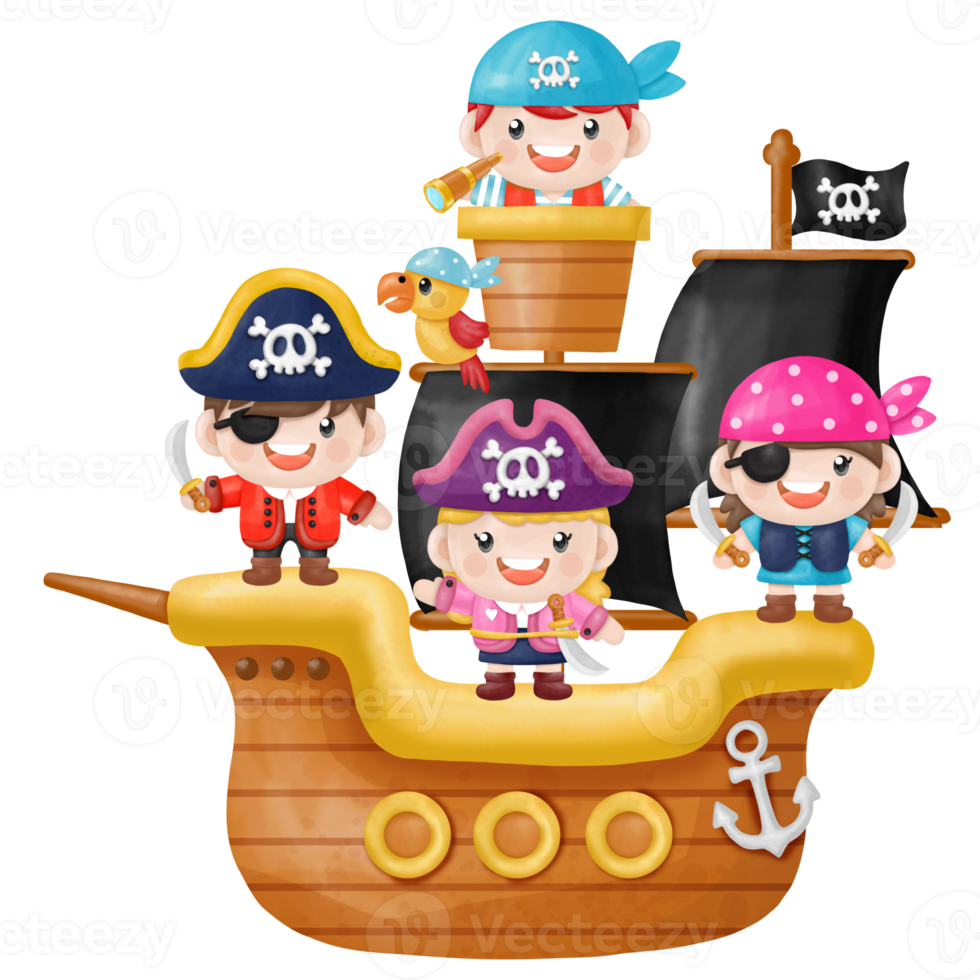 Kids pirate captain and sailor characters, watercolor Clipart png