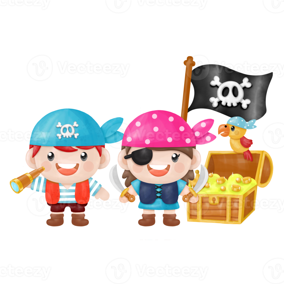 Kids pirate captain and sailor characters, watercolor Clipart png