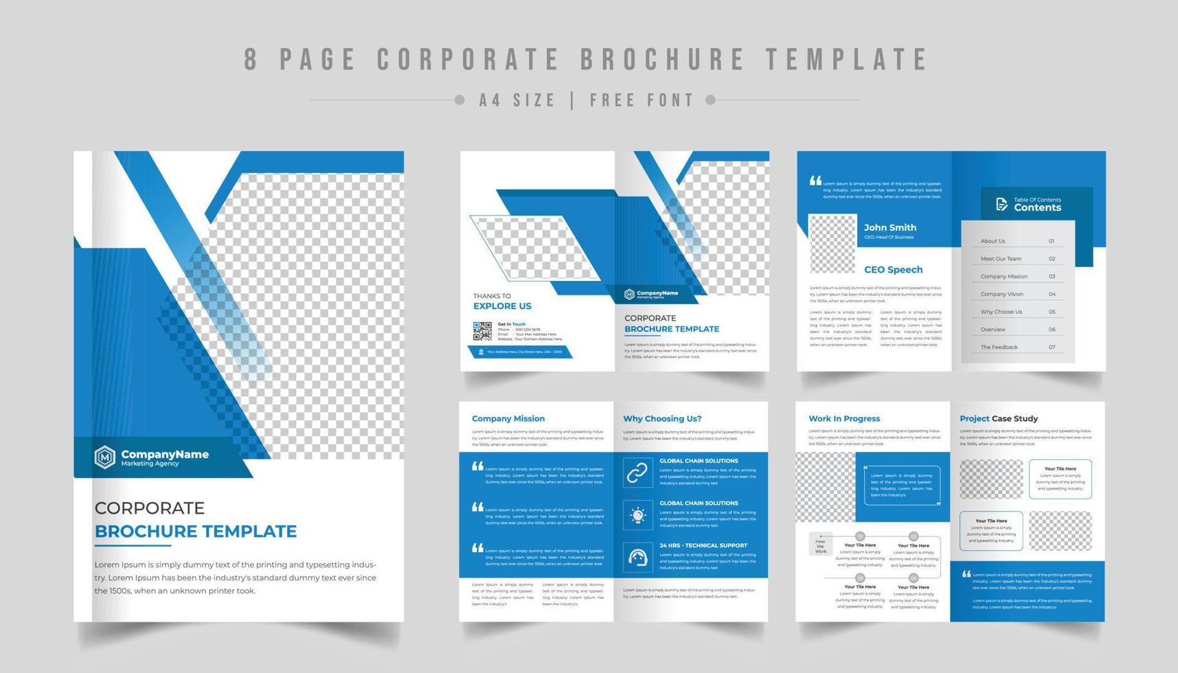 Company brochure template design, 8-page corporate brochure layout, minimal business brochure template design, Proposal project, booklet, company profile, Project proposal, corporate, catalog, annual vector