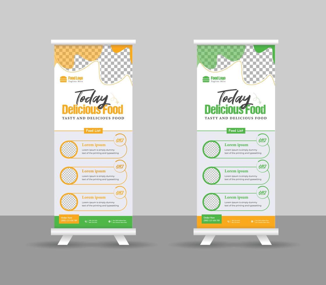 Modern food rollup banner design for restaurant. Vertical, roll-up template, food roll up banner design template, Editable template illustration vector