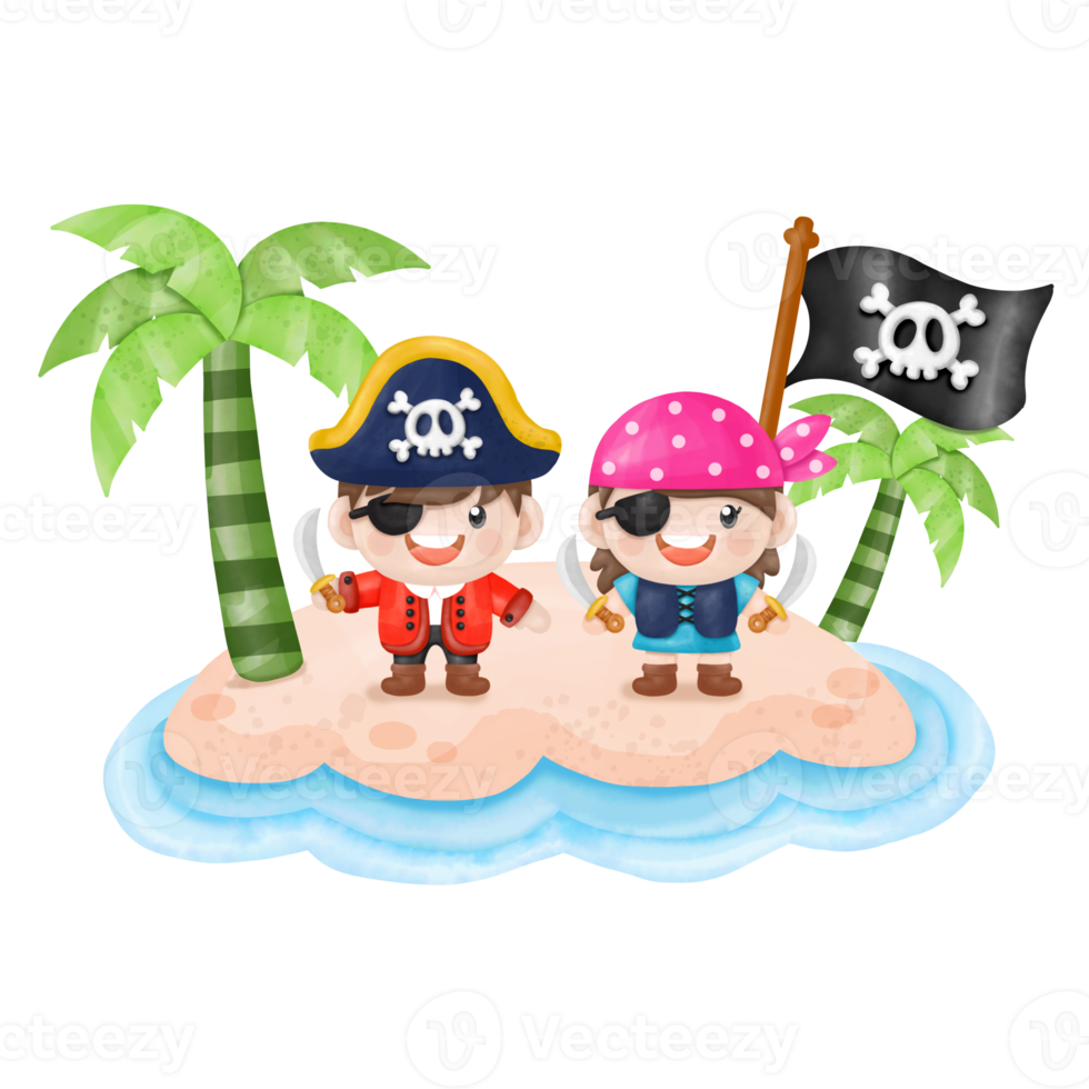 Kids pirate captain and sailor characters, watercolor Clipart png