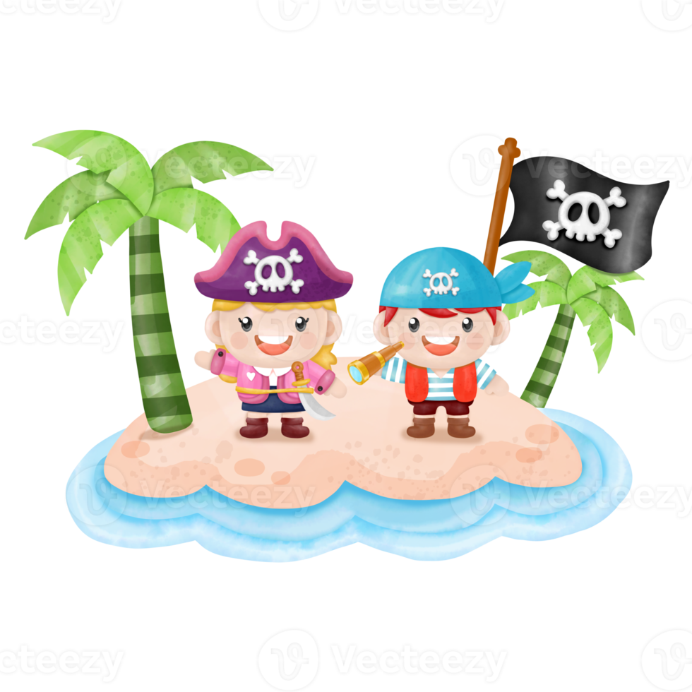 Kids pirate captain and sailor characters, watercolor Clipart png