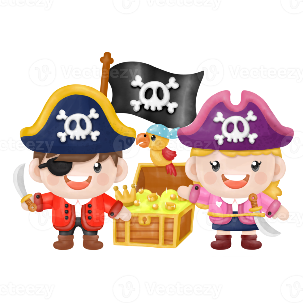 Kids pirate captain and sailor characters, watercolor Clipart png