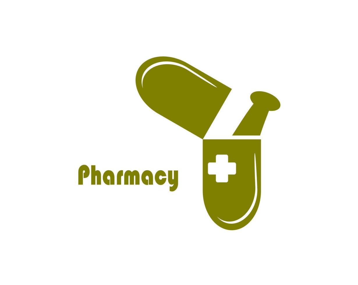 ector design of open up of capsule with pestle pharmacy olive green color against a white background with a white cross, a sign of health care service. vector