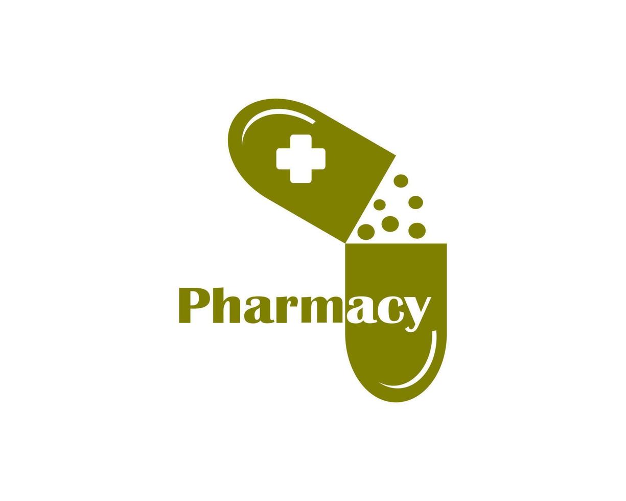 Vector design of open up of capsule and pellet of the drug, pharmacy olive green color against a white background, with a cross sign of health care service.