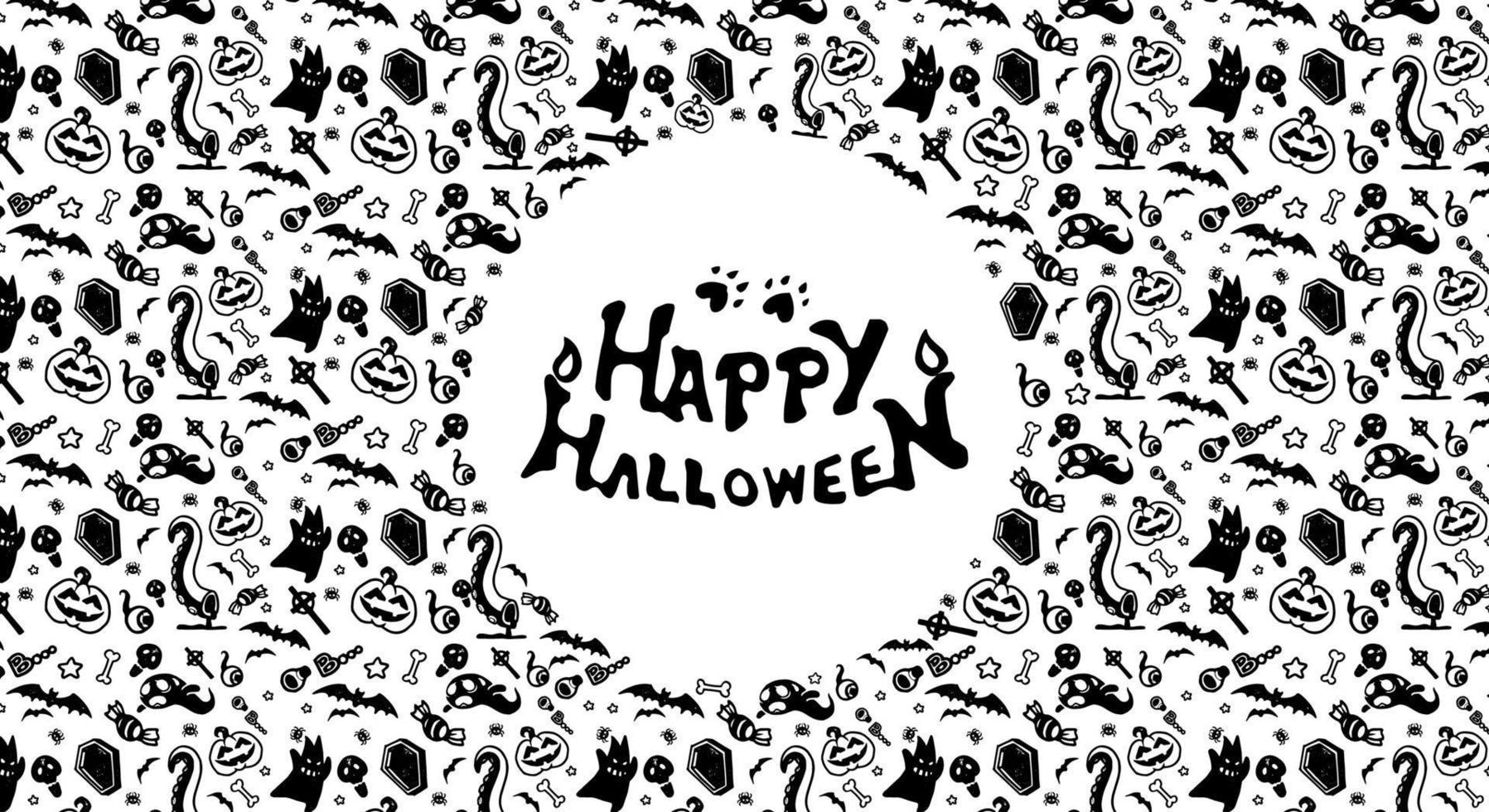 Halloween festive seamless pattern. Endless backgrounds with pumpkins, skulls, bats, spiders, ghosts, bones, candies, spider webs and many more. vector