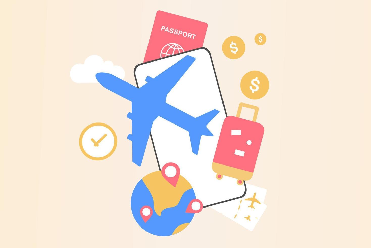 Traveling on airplane, planning for tourism on summer vacation concept. Business trip with passport and travel bag. Online ticket, travel booking and service concept. Flat vector illustration.