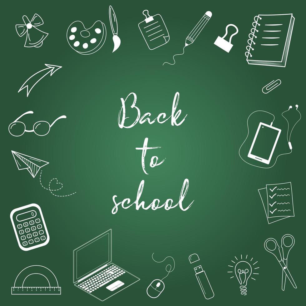 Back to school greeting card. School doodle items on green chalkboard. vector