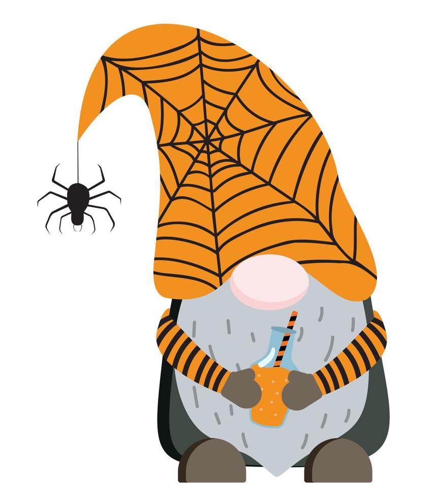 Cartoon Halloween gnome in orange hat with potion. Isolated on white background. Vector illustration.