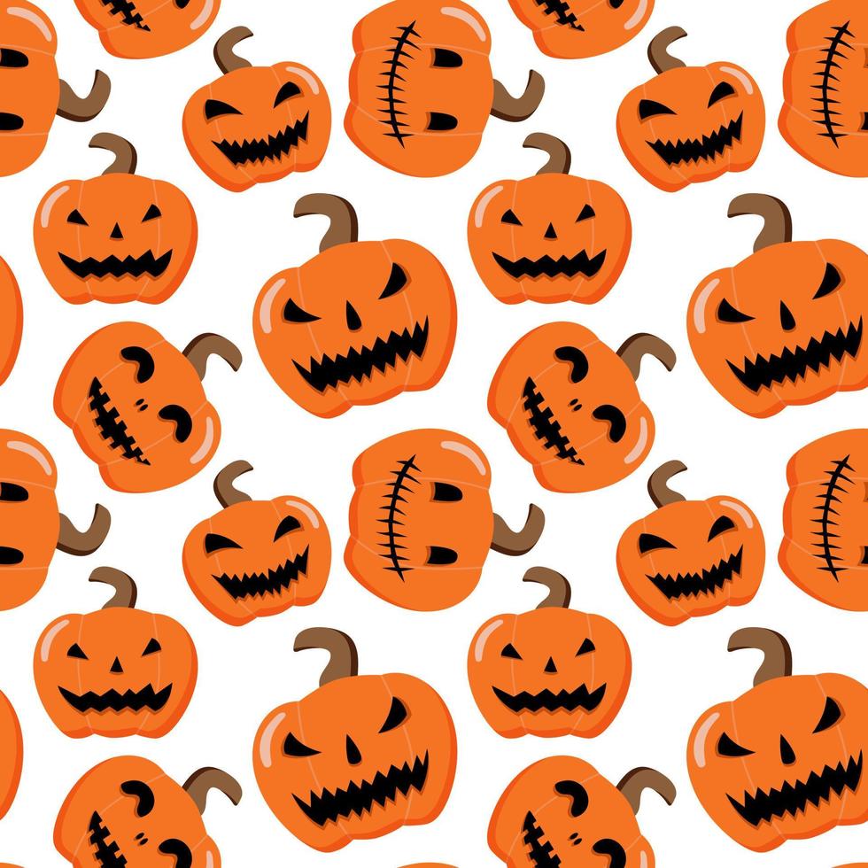 Halloween cartoon pumpkins seamless pattern. Isolated on white background. Vector Happy Halloween greeting card and trick or treat party design of pumpkin lantern.