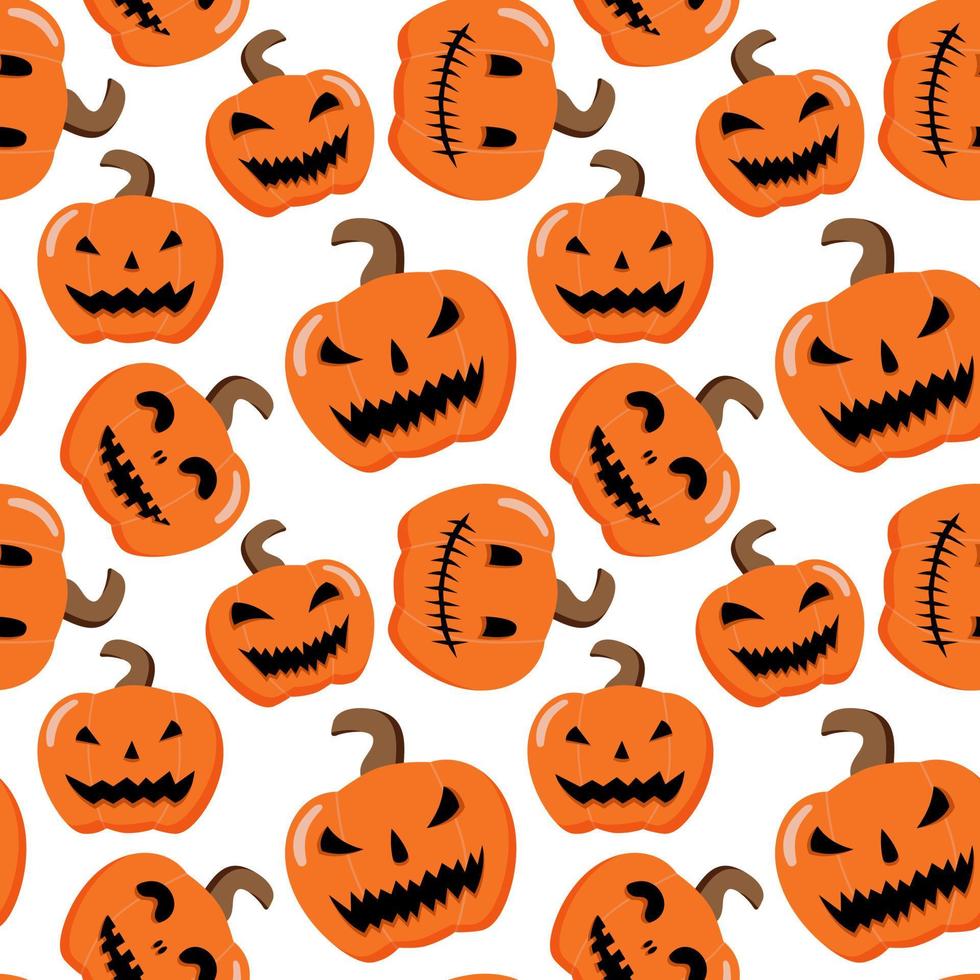 Halloween cartoon pumpkins seamless pattern. Isolated on white background. Vector Happy Halloween greeting card and trick or treat party design of pumpkin lantern.