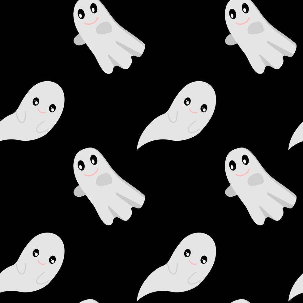 Cute Halloween ghosts vector seamless pattern. Isolated on black background. Spooky repeat wallpaper, gift, wrap paper design.