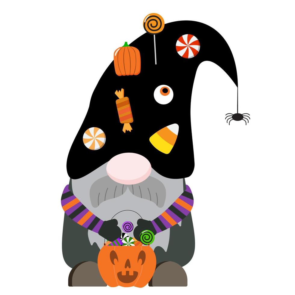 Halloween cartoon gnome with pumpkin bucket and sweets. Vector illustration. Isolated on white background.