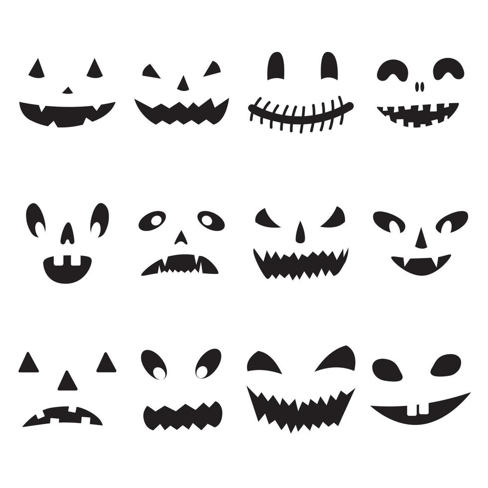 conjunto vectorial de caras de calabaza espeluznantes de halloween con ojos negros y sonrisa, jack o linterna de miedo. aislado sobre fondo blanco. vector