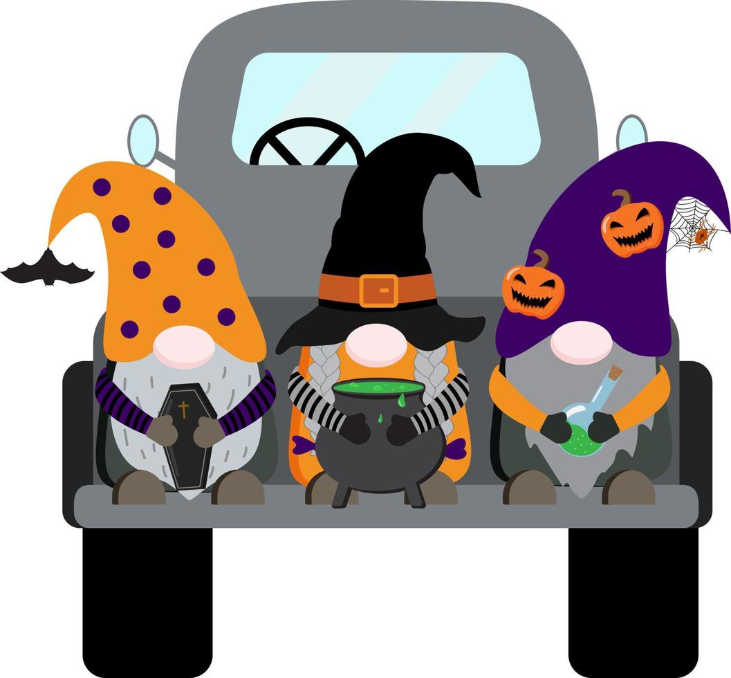 Halloween vector gnomes in black pickup truck holding coffin, cauldron, poison bottle. Isolated on white background. Perfect for sublimation design, prints, posters.