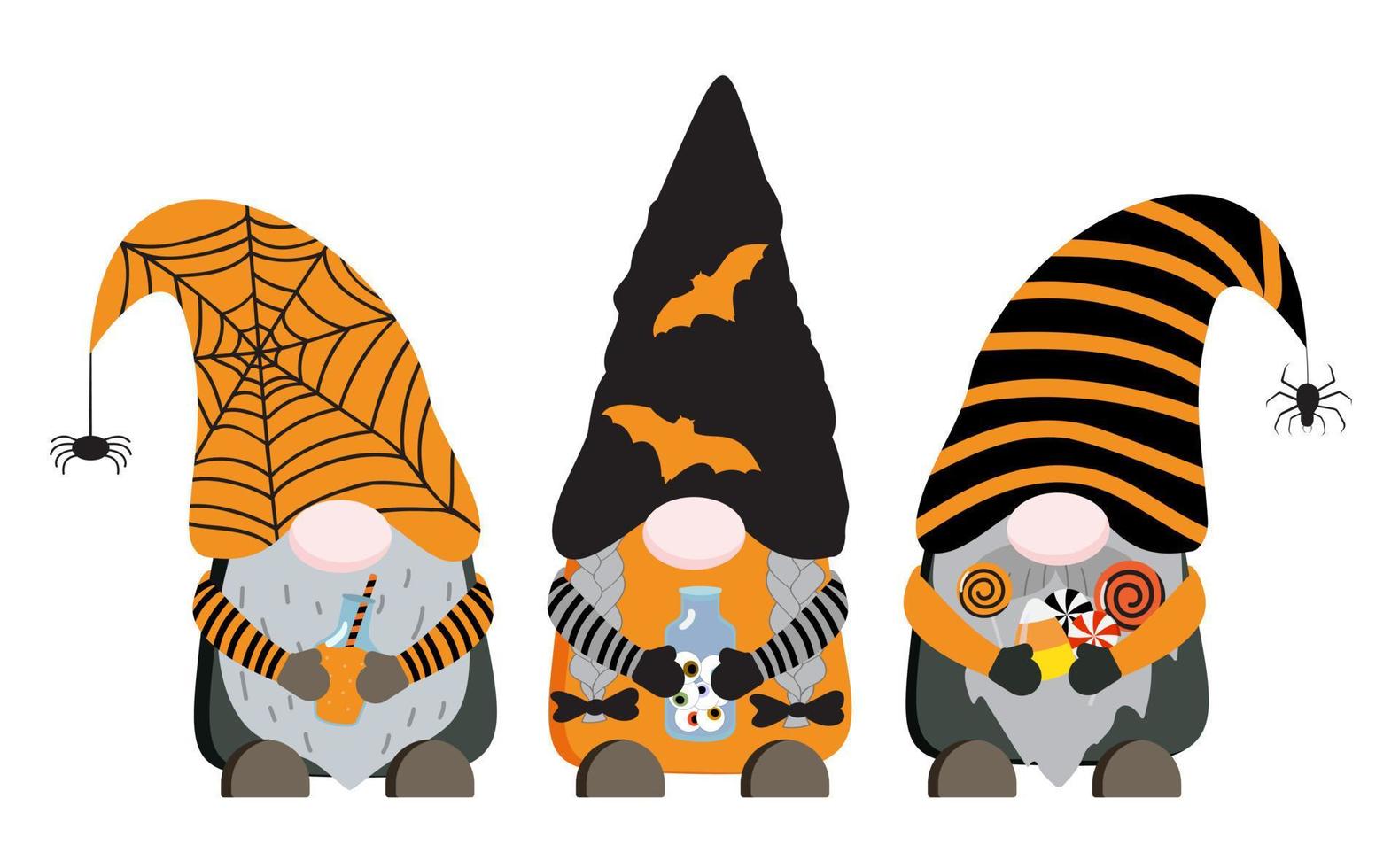 Cartoon Halloween vector gnomes in orange and black colors with potion, bottle with eyes, sweets. Isolated on white background.