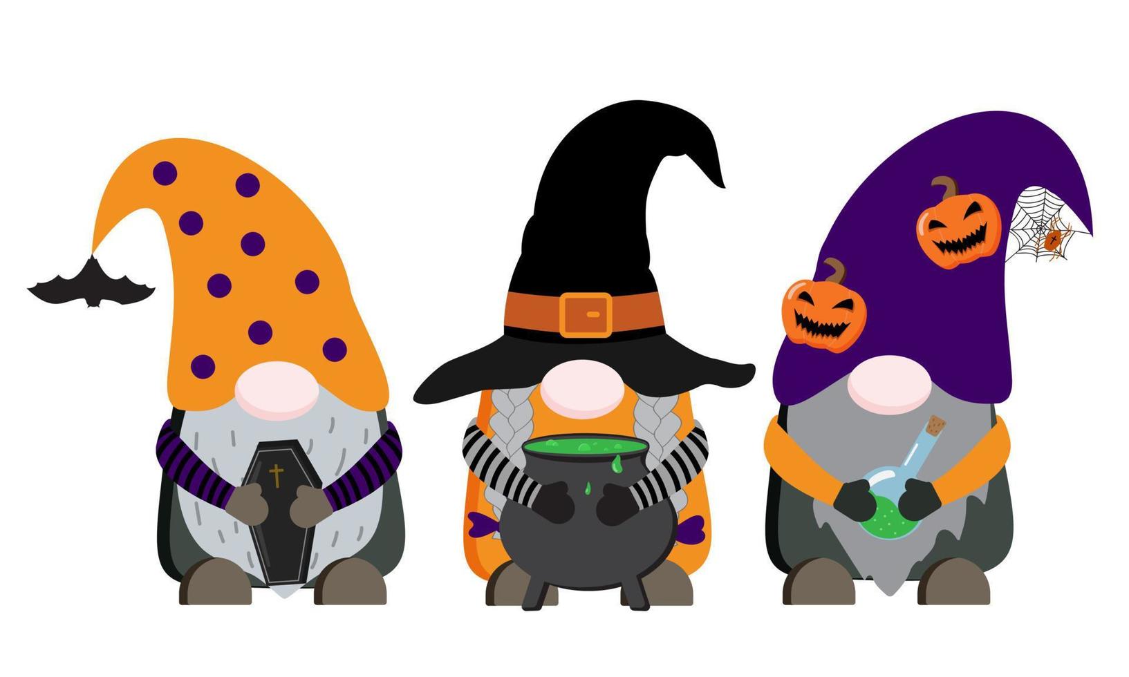 Halloween vector gnomes holding coffin, cauldron, poison bottle. Isolated on white background. Perfect for sublimation design, prints, posters.