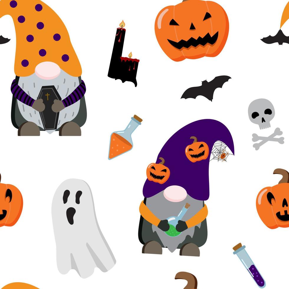 dibujos animados vectoriales de patrones sin fisuras de halloween con gnomos, linternas de calabaza aterradoras, fantasmas, pociones, velas ensangrentadas. aislado sobre fondo blanco. vector