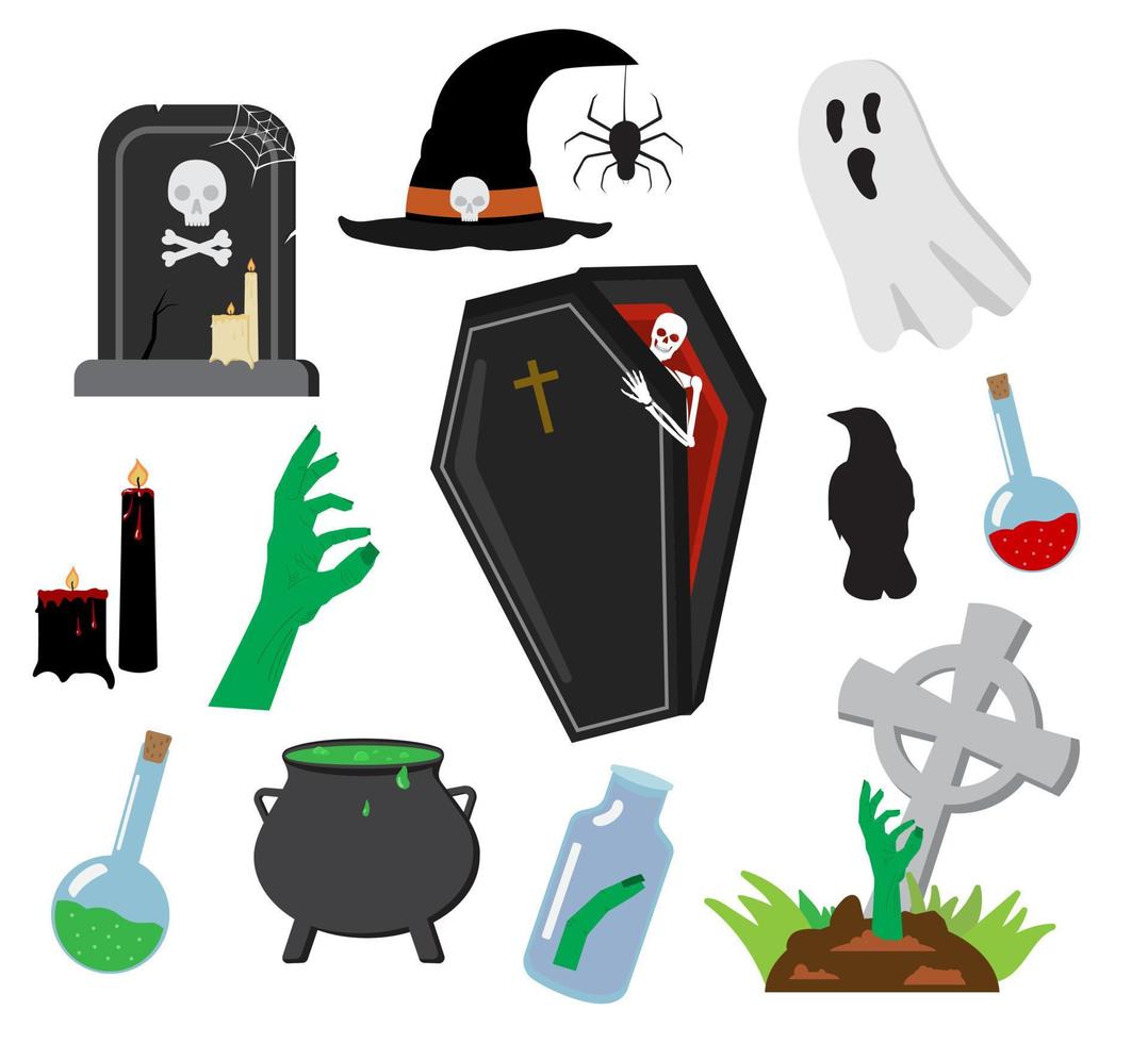Happy Halloween set with tombstone, coffin, ghost, witch hat, potions, zombie hand, candles, cauldron. Isolated on a white background. Vector illustration.