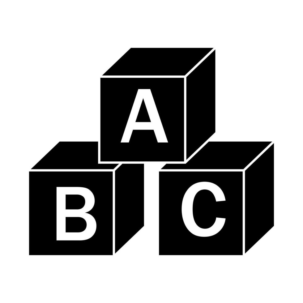 Wooden alphabet cubes with letters A, B, C, black icon, vector isolated illustration