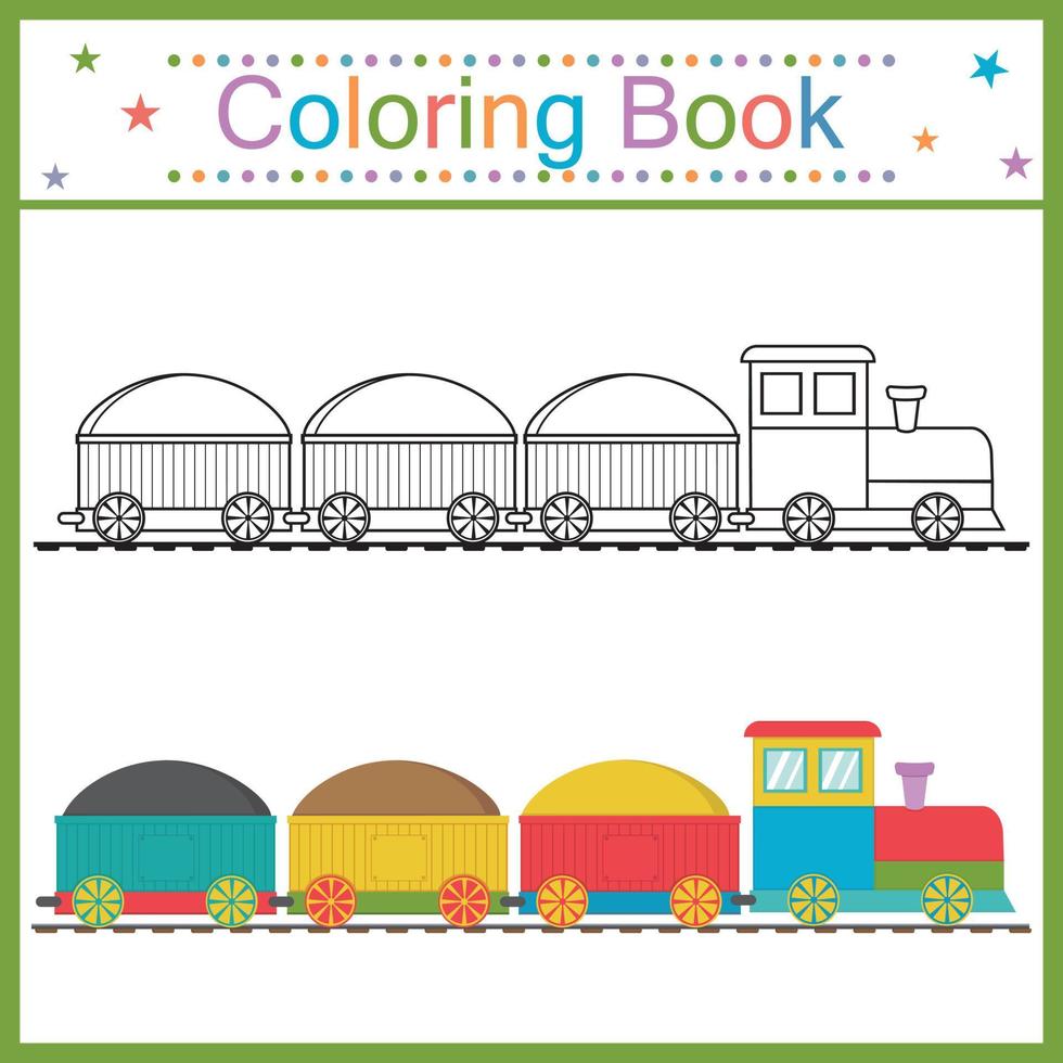 libro de colorear para tren infantil, línea de contorno negra, ilustración de garabato aislado vectorial vector