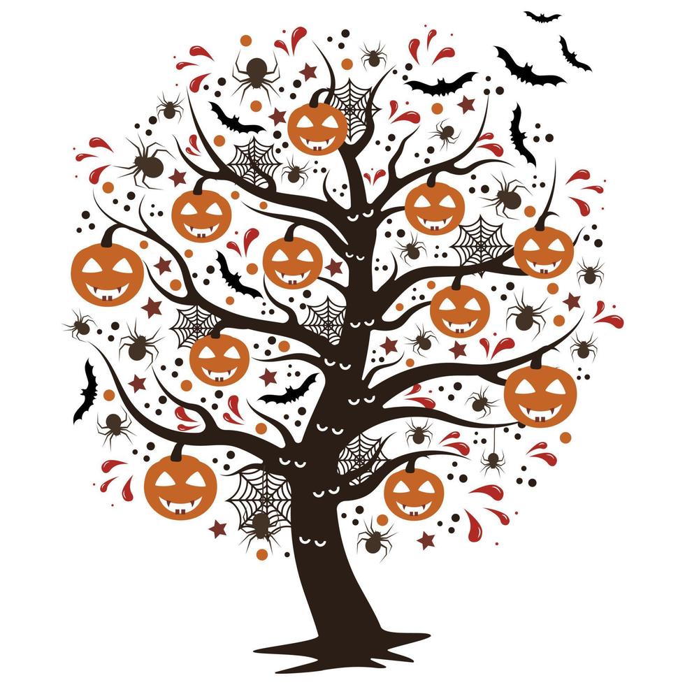 Scary Halloween Tree With Hanging Pumpkin, Vector isolated illustration on White Background