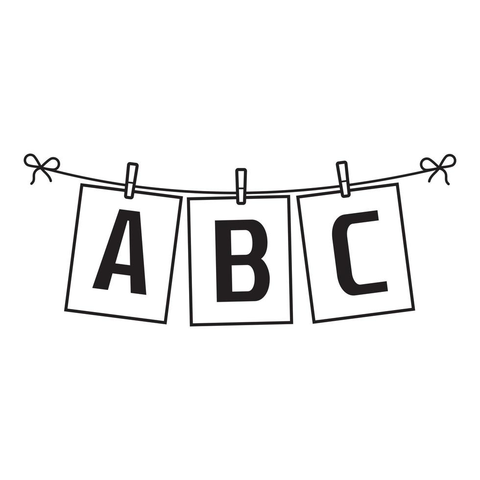 ABC letters on paper hanging on a rope, black outline, vector isolated illustration