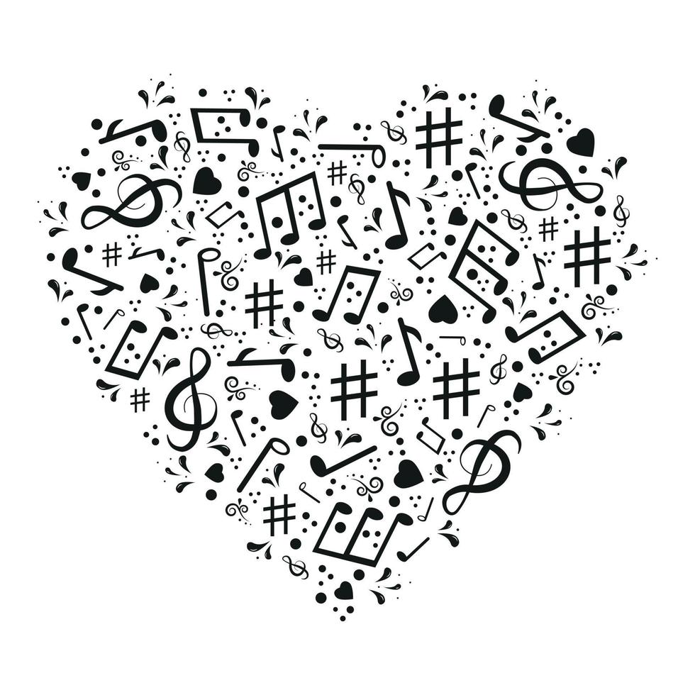 Musical heart with notes, vector isolated illustration