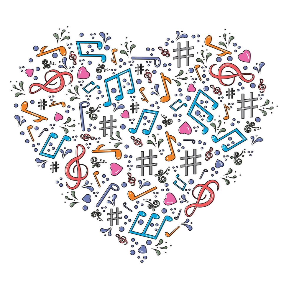musical notes in the form of a heart icon, love music, hand drawn vector illustration sketch