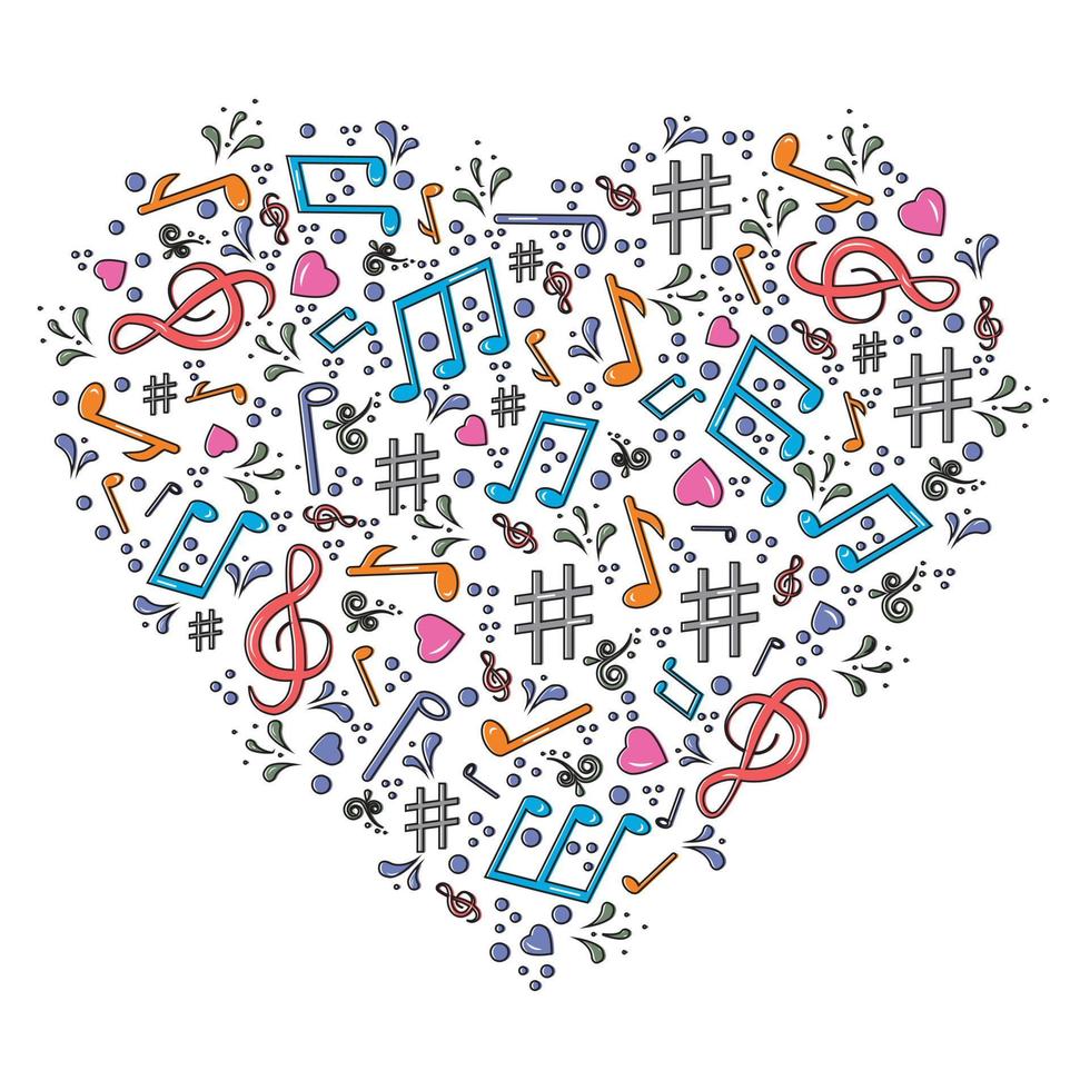 notas musicales en forma de icono del corazón, música de amor, boceto de ilustración vectorial dibujado a mano vector