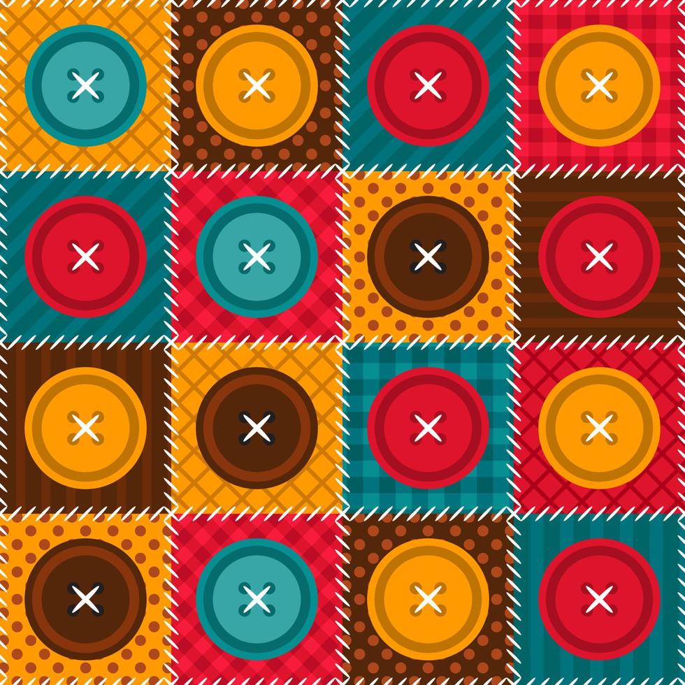 Colorful seamless patchwork pattern with buttons. Quilt design from stitched squares. For bedding, tablecloth, oilcloth or other textile design vector