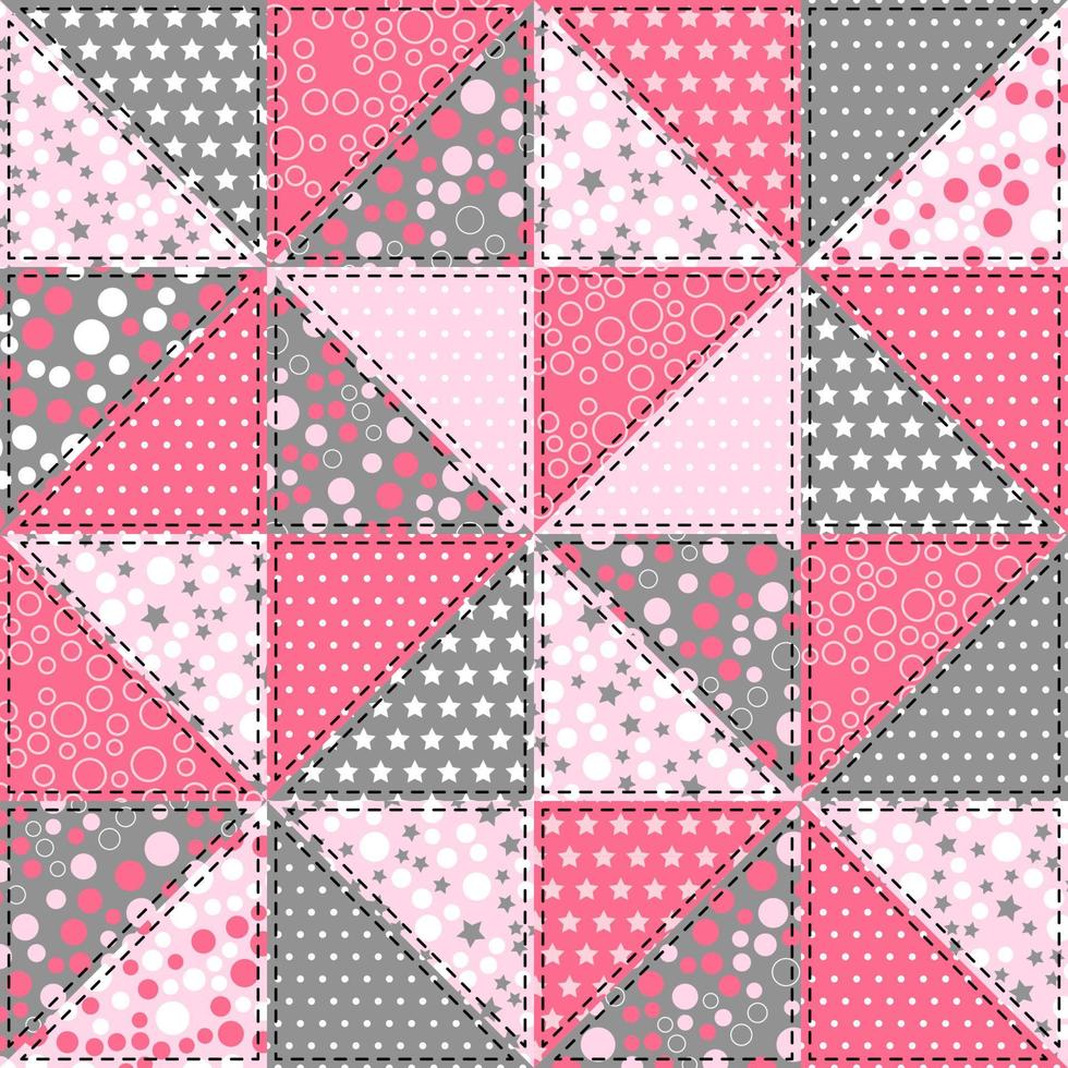 Pink and gray background patchwork pattern with geometric ornaments. Quilt design from stitched squares. For bedding, tablecloth, oilcloth or other textile design vector