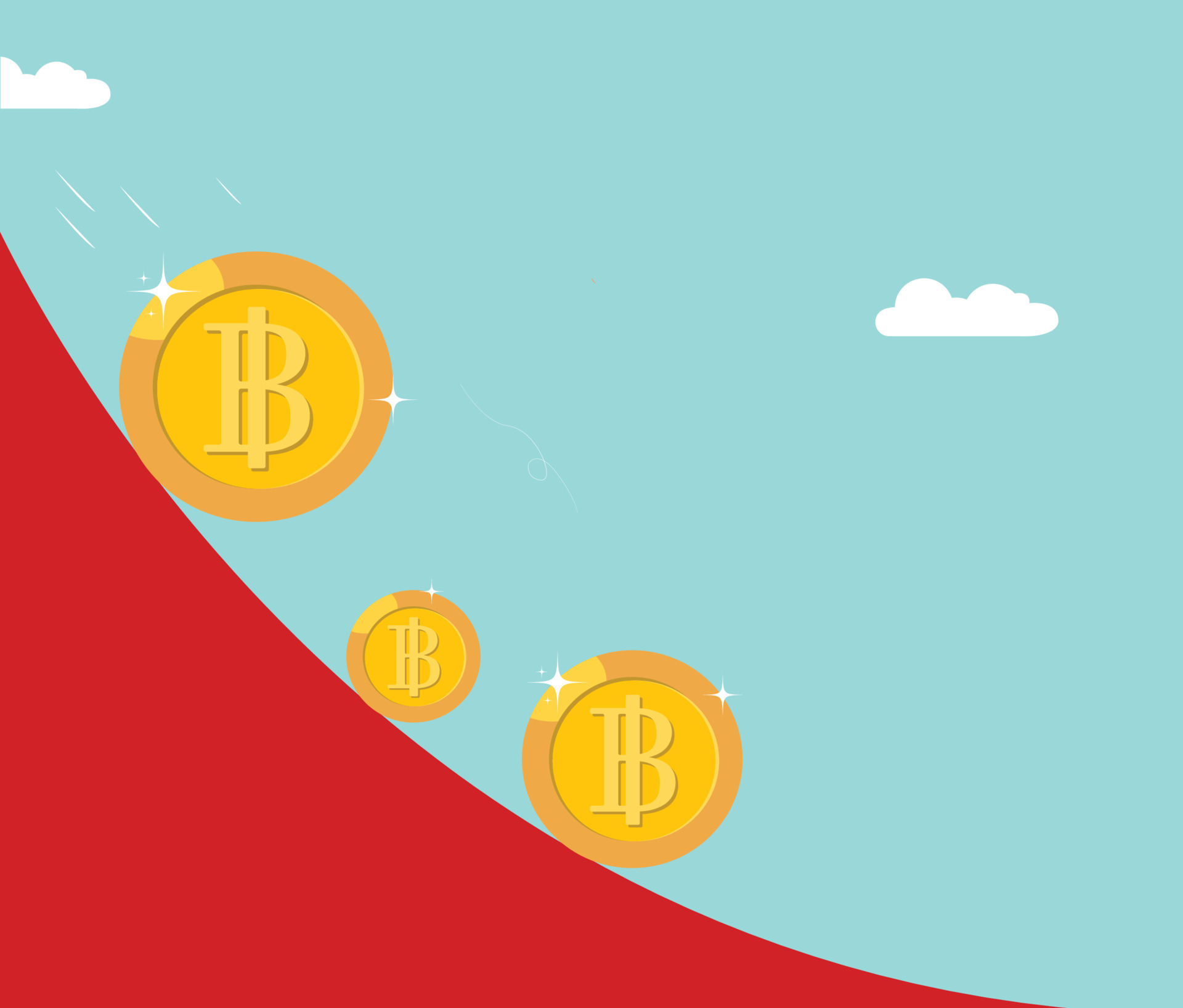 Bitcoin BTC price falls down. Bitcoin crash design. Red slope shows Bitcoin price going down
