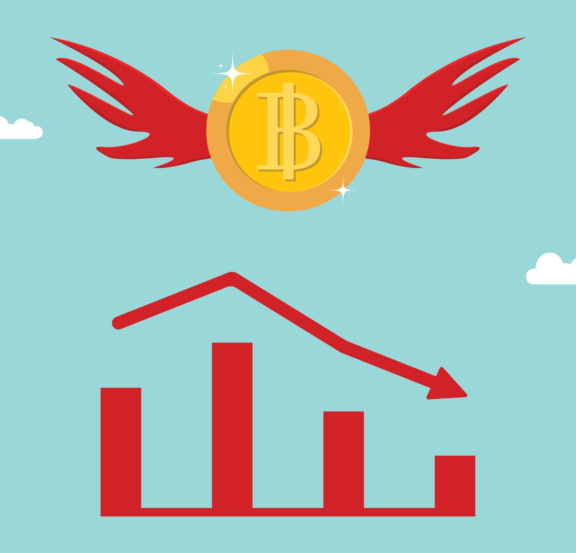 Bitcoin BTC price falls down. Bitcoin crash design. Red arrow graph