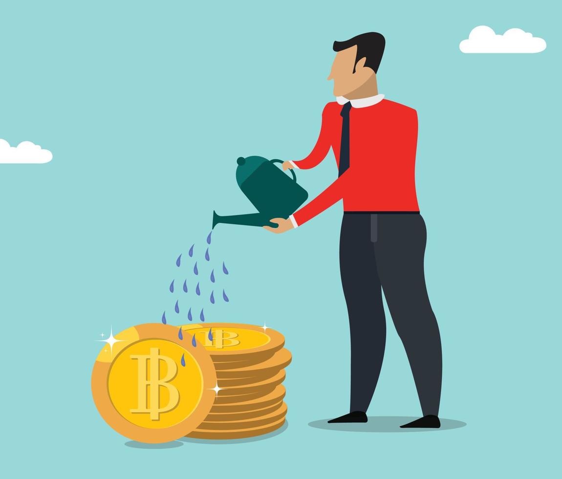 Man save bitcoin, BTC growth financial and future investment concept flat vector illustration
