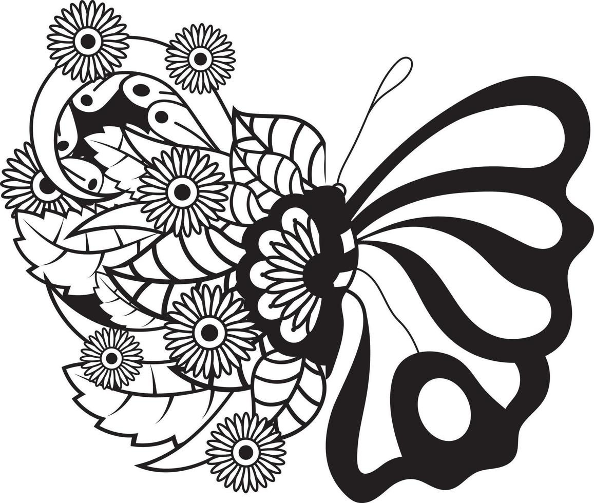 Floral butterfly flowers, butterfly coloring page for kids vector