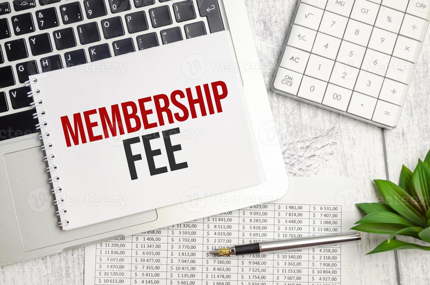 MEMBERSHIP FEE text and notepad with pen, charts and calculator photo