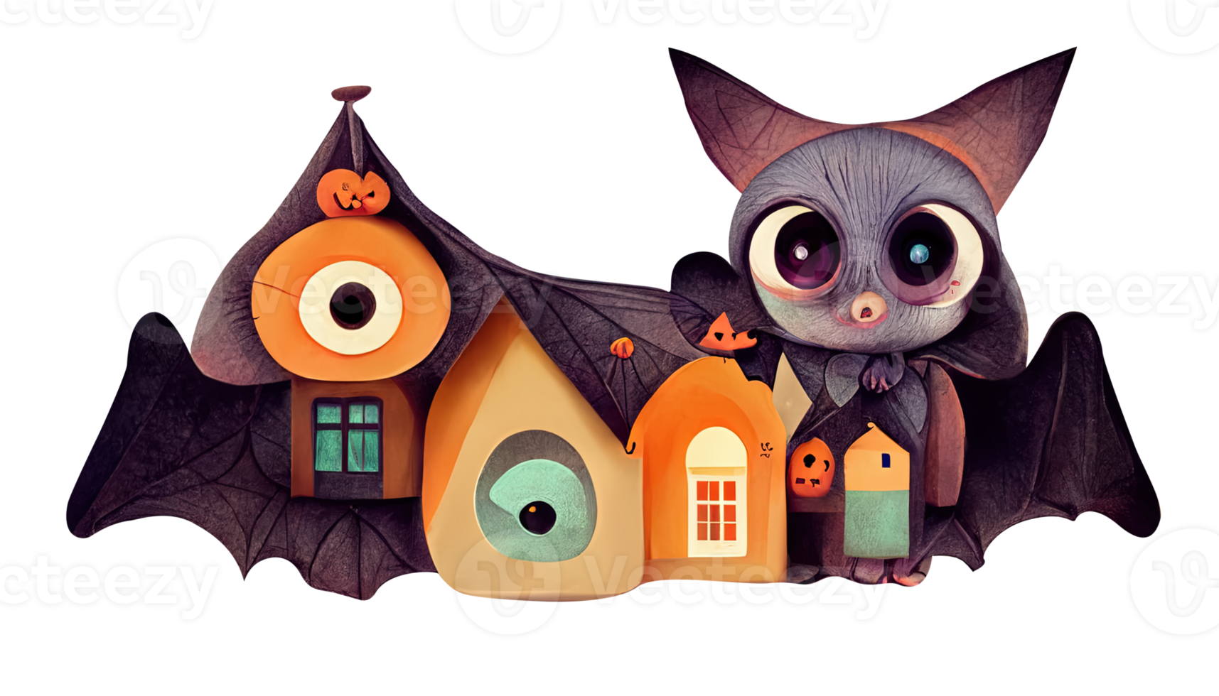 Halloween background with a cute bat with big eyes and a house. png