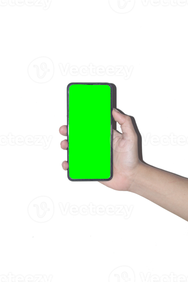 Hand des Mannes, die ein Mobiltelefon auf weißem Hintergrund hält und für Greenscreen geeignet ist, Hand, die ein Mobiltelefon mit grünem Bildschirm hält png