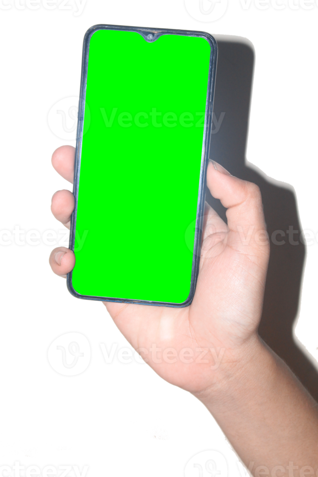man's hand- Holding een mobiel telefoon Aan een wit achtergrond en geschikt voor groen scherm, hand- Holding een groen scherm mobiel telefoon PNG