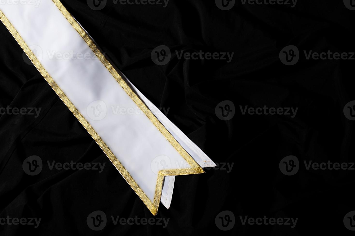 White Gold Winner Sash for Miss Pageant Beauty Contest, empty area for text winner country word, studio lighting abstract dark drapping textile background, Importance Decoration with Diamond Crown photo
