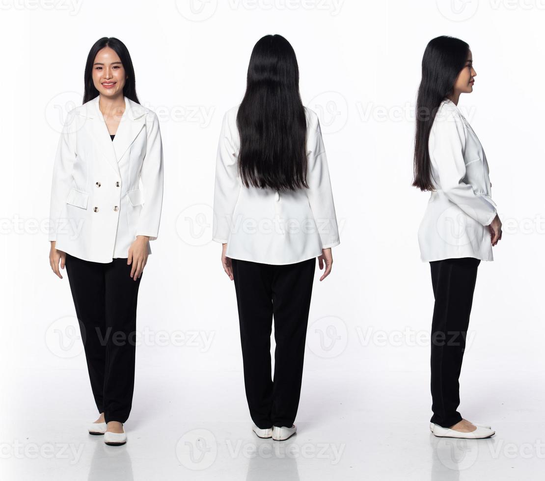 Full length 30s 20s Asian Woman business manager, 360 front side back rear,  wear formal dress pant shoes. Office female feeling smile happy, long  straight black hair, over white background isolated 11028175