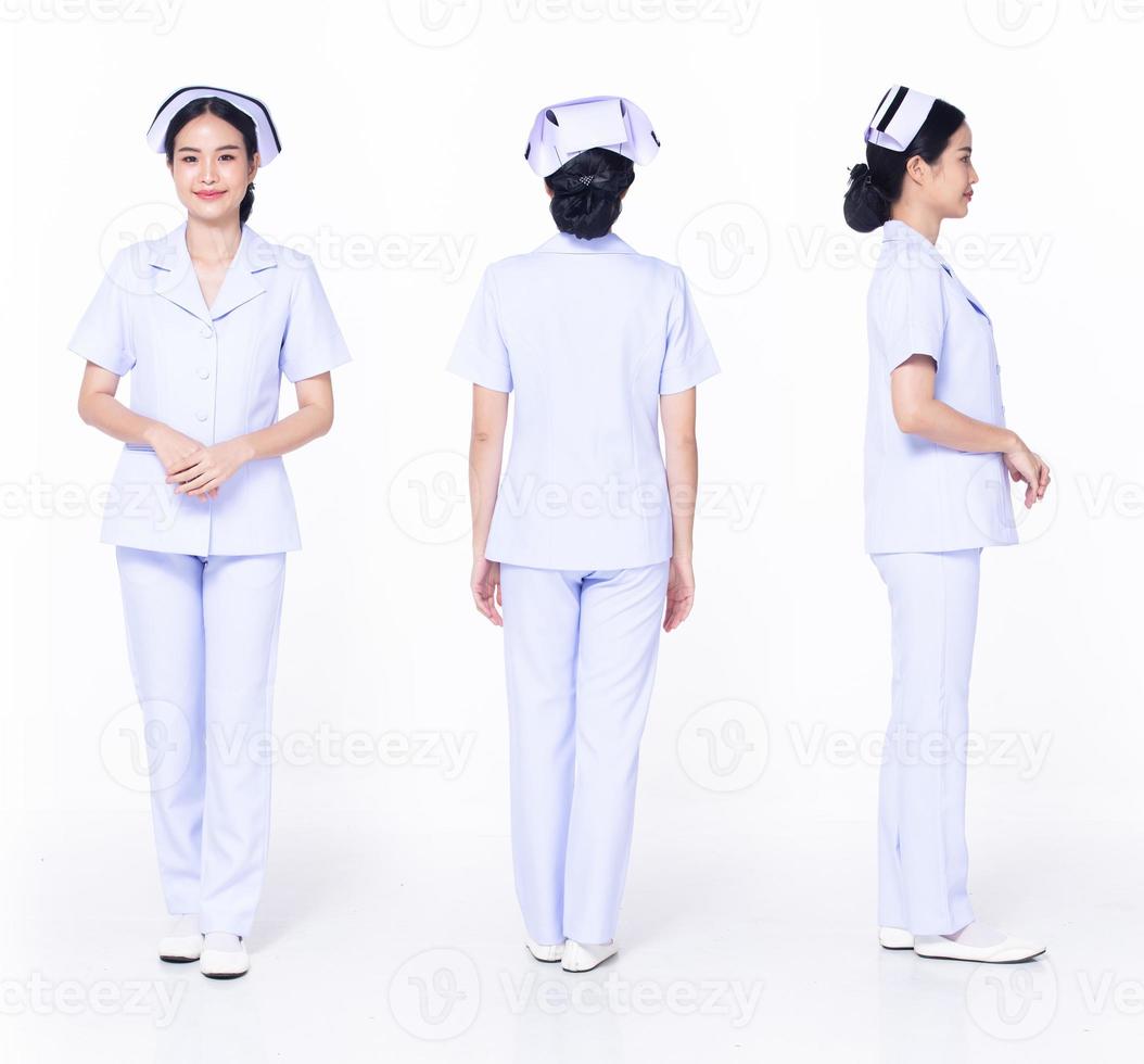 Full length 30s 20s Asian Woman Nurse hospital, 360 front side back rear, wear formal uniform pant shoes. Smile Hospital female looks at camera smile happy over white background isolated photo