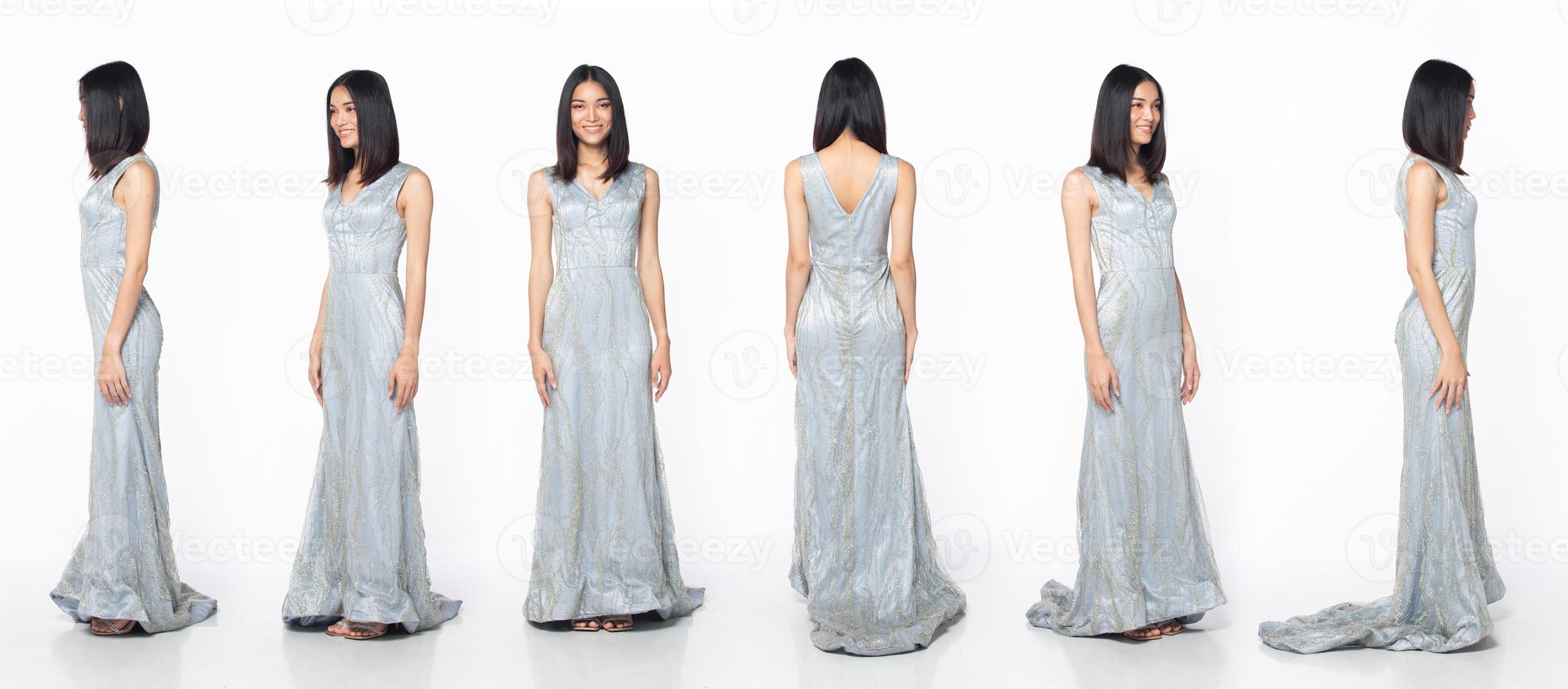 Full length body of Asian beautiful woman wear blue gray evening sequin gown, 360 front side back rear photo