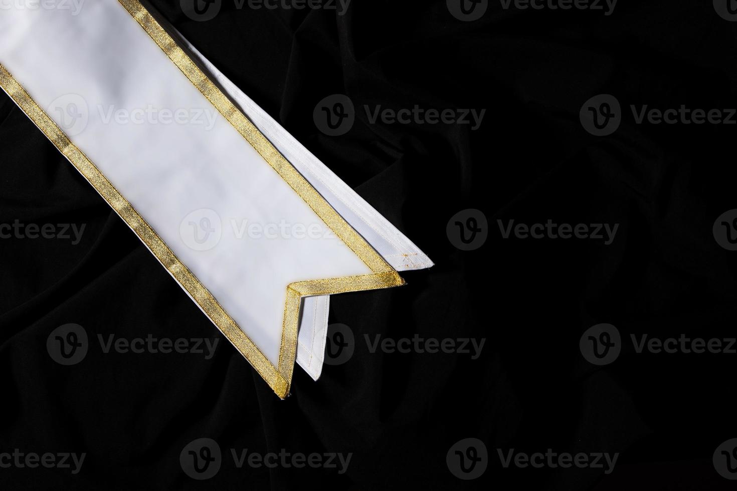 White Gold Winner Sash for Miss Pageant Beauty Contest, empty area for text winner country word, studio lighting abstract dark drapping textile background, Importance Decoration with Diamond Crown photo