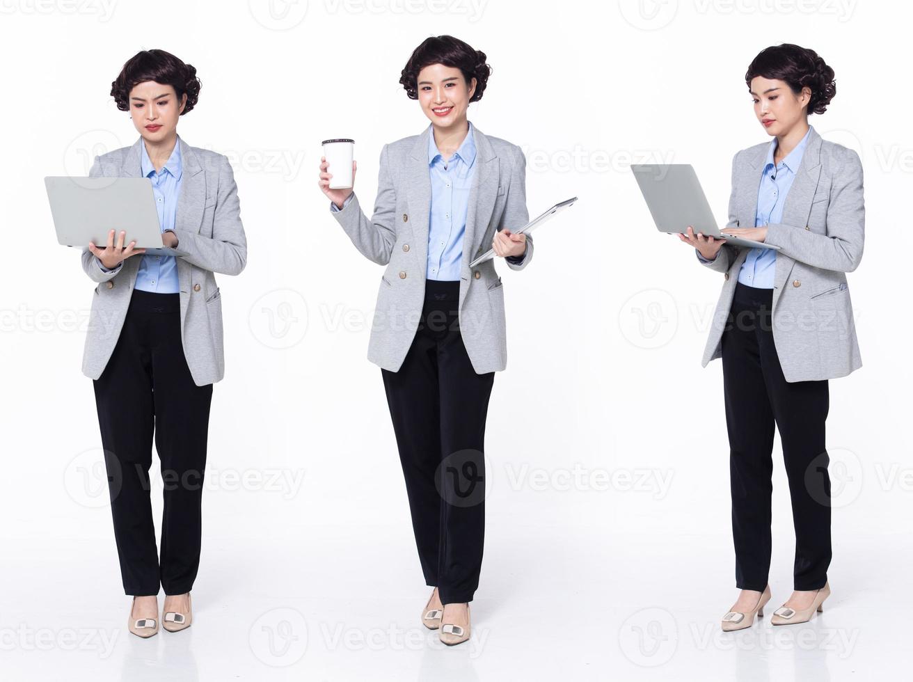Full length 30s 40s Asian Woman teacher manager business, working hard thinking, wear formal blazer pants shoes. Smile Office female carry laptop coffee cup over white background isolated photo