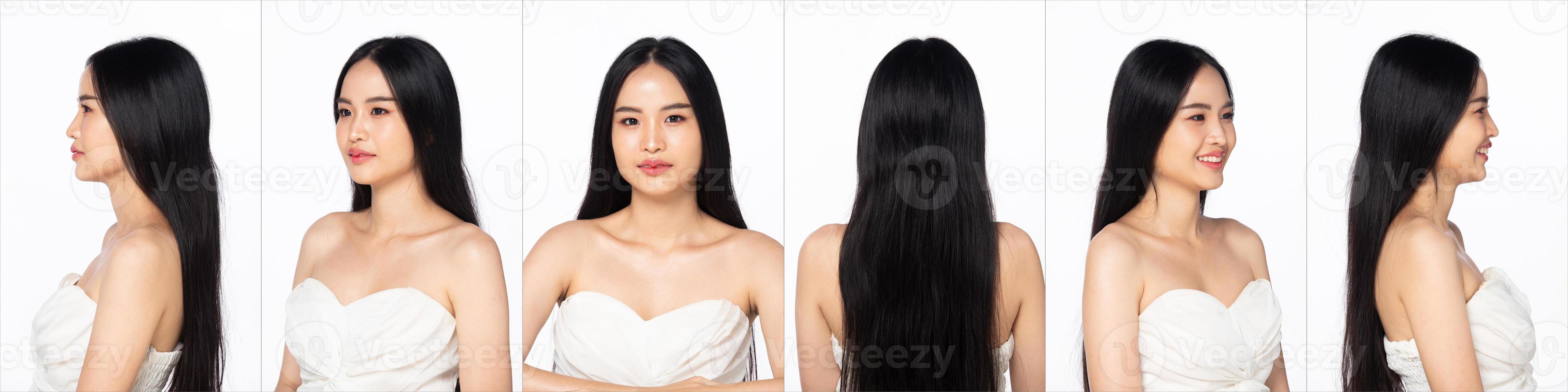 Half Body young adult Asian Woman, look at camera, beautiful Fashion make up open shoulder. Beauty female express feeling smile happy with long straight black hair over white background isolated photo