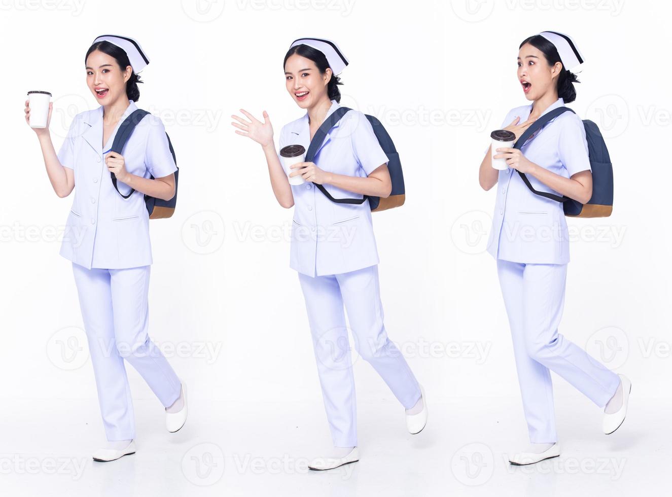 Full length 30s 20s Asian Woman Nurse hospital, wow surprise glad shock, wear formal uniform pant shoes. Smile Hospital female carry backpack coffee cup internet phone over white background isolated photo