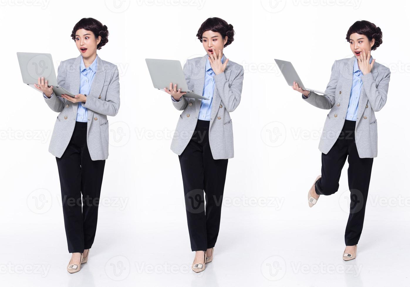 Full length 30s 40s Asian Woman teacher manager business, wow surprise glad shock, wear formal blazer pants shoes. Smile Office female carry laptop coffee cup over white background isolated photo