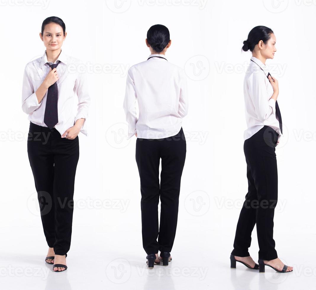 Full length 20s young Mix Race Woman  bartender worker employee, 360 front side back rear view, wear formal necktie and shirt. Office female stands feels stress over white background isolated photo